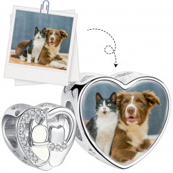 Charms personalizowany ze zdjęciem serce na pamiątkę najlepsi przyjaciele kot i pies, srebro 925