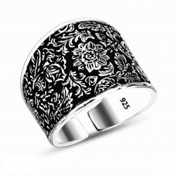 Elegancki męski / unisex sygnet - pierścień z czarnymi, rzeźbionymi kwiatami, srebro 925, regulowany