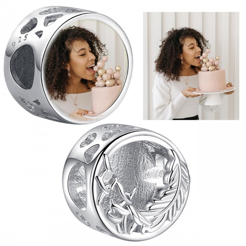 Charms piórko personalizowana biżuteria na prezent na urodziny + Twoje zdjęcie, srebro 925