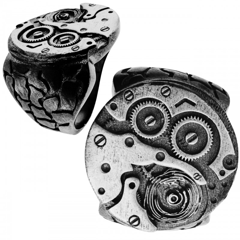 Sygnet steampunk clock - mechanizm zegara, oksydowane srebro 925