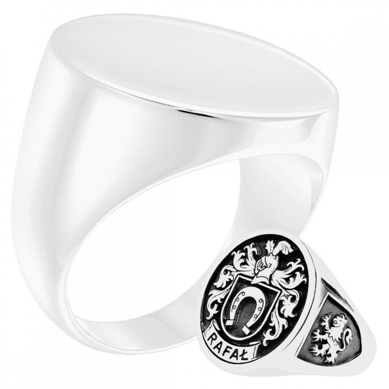 Elegancki sygnet herbowy z okrągłą tarczą na Twój grawer - Majestic Emblem Ring, prosty, srebro 925
