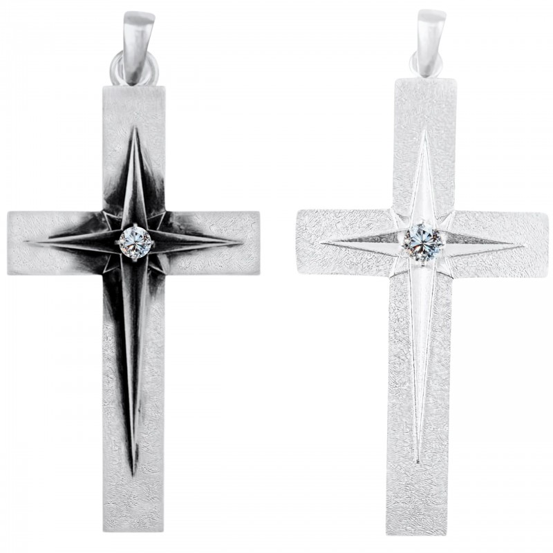 Zawieszka - 7,5cm duży krzyż z gwiazdą polarną z diamentem 0,5ct - Great Starlight Cross, Twój grawer, satynowane srebro 925