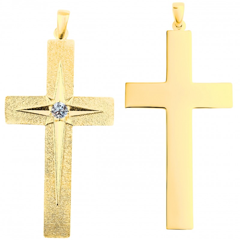 Zawieszka - 7,5cm duży krzyż z gwiazdą polarną z diamentem 0,5ct - Great Gold Starlight Cross, Twój grawer, pozłacane srebro 925