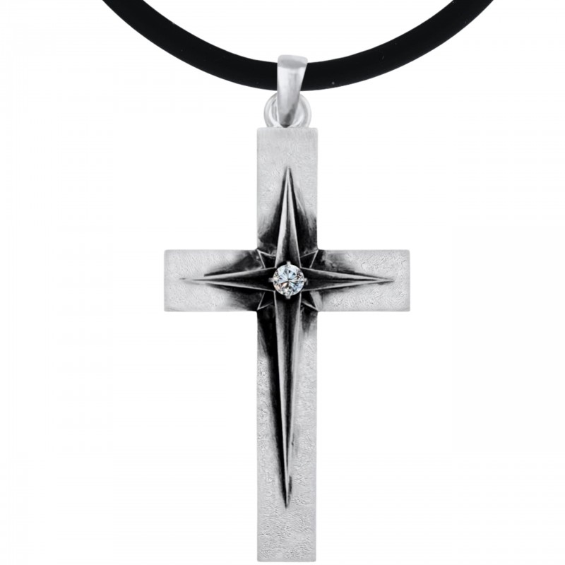 Naszyjnik z 7,5cm dużym krzyżem z gwiazdą polarną z diamentem 0,5ct - Great Starlight Cross, Twój grawer, satynowane srebro 925