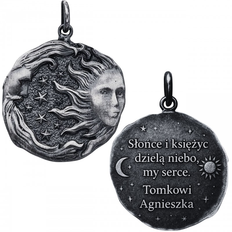 Zawieszka na łańcuszek medalion Słońce i Księżyc Eclipse of Hearts Pendant, Twój grawer, satynowane srebro 925