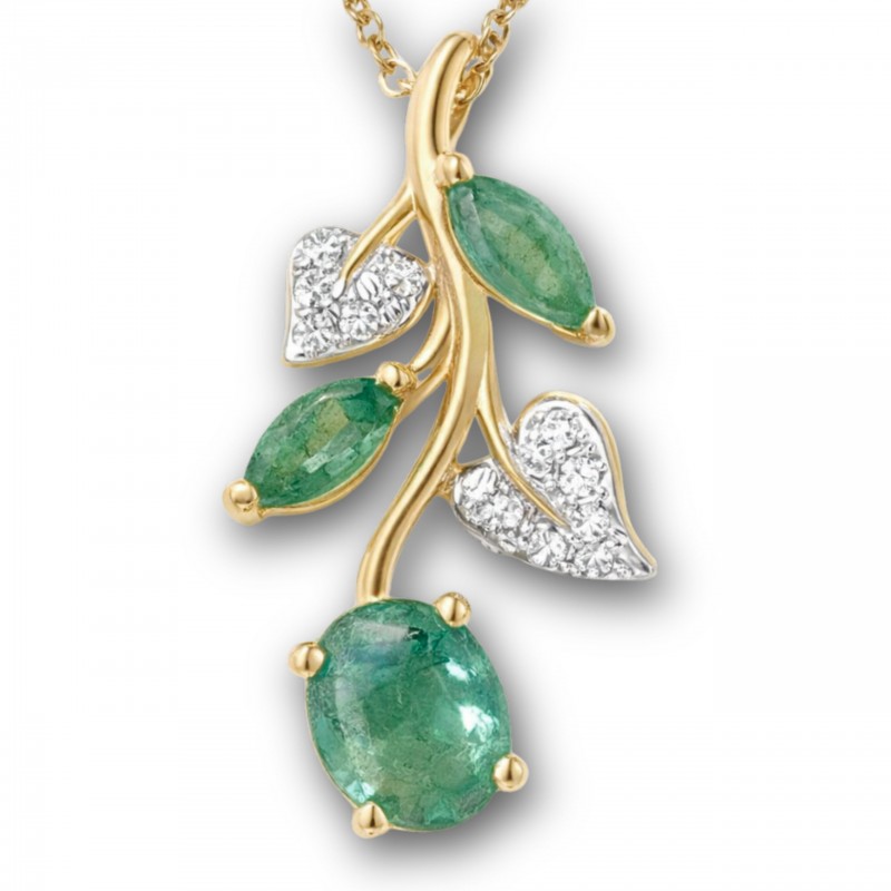 Zawieszka szmaragdowa gałązka, żółte złoto 585, diamenty 13szt 0,035ct, szmaragdy 3szt 0.483ct