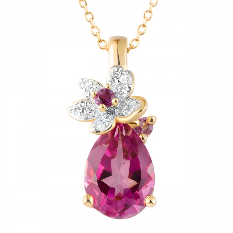 Złota Zawieszka na łańcuszek Topaz & Amethyst Bloom, diamenty 12szt 0,033ct, topaz 1szt 1,50ct i ametyst 2szt 0.0038ct