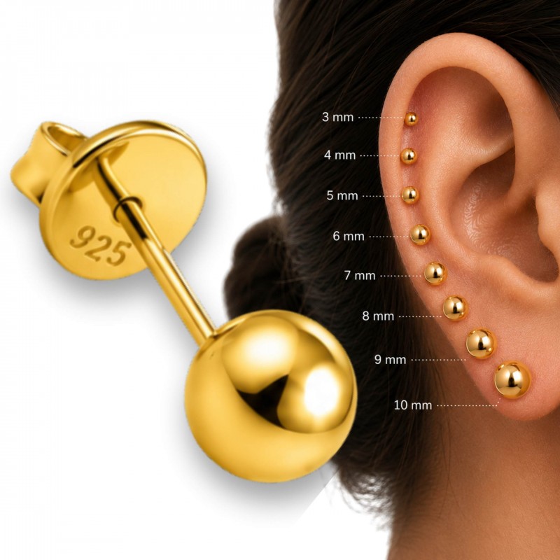 Złoty piercing premium kulka VIVA 925 – Comfort Flat Lock, pojedynczy kolczyk 3-10 mm