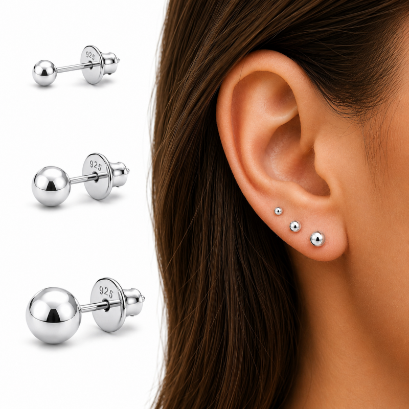 Kolczyki Kulki Srebro 925 srebrne VIVA Piercing – Zestaw 3 szt. 3 mm 4 mm 5 mm | Comfort Flat Lock