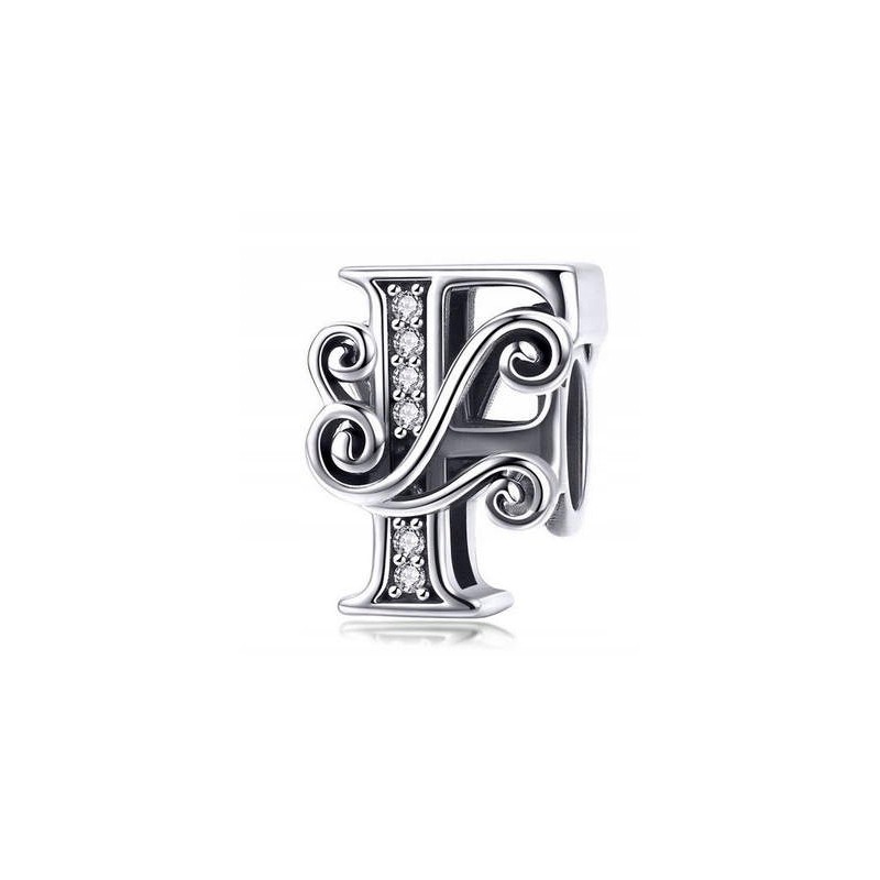 Charms beads wiktoriańska litera F srebro 925, cyrkonia sześcienna