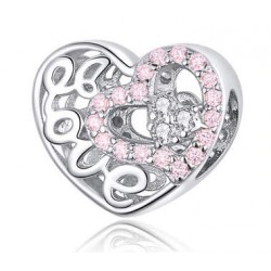 Charms różowe serce LOVE, srebro 925, cyrkonia sześcienna