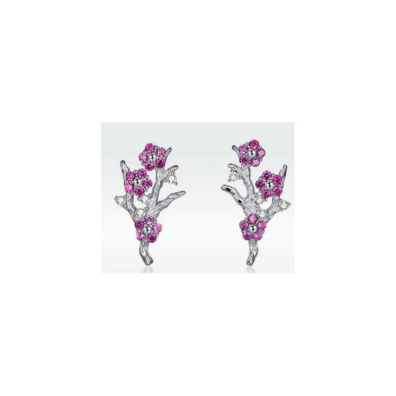 Kolczyki - przebitki zimowy kwiat śliwy, srebro 925, cyrkonia sześcienna