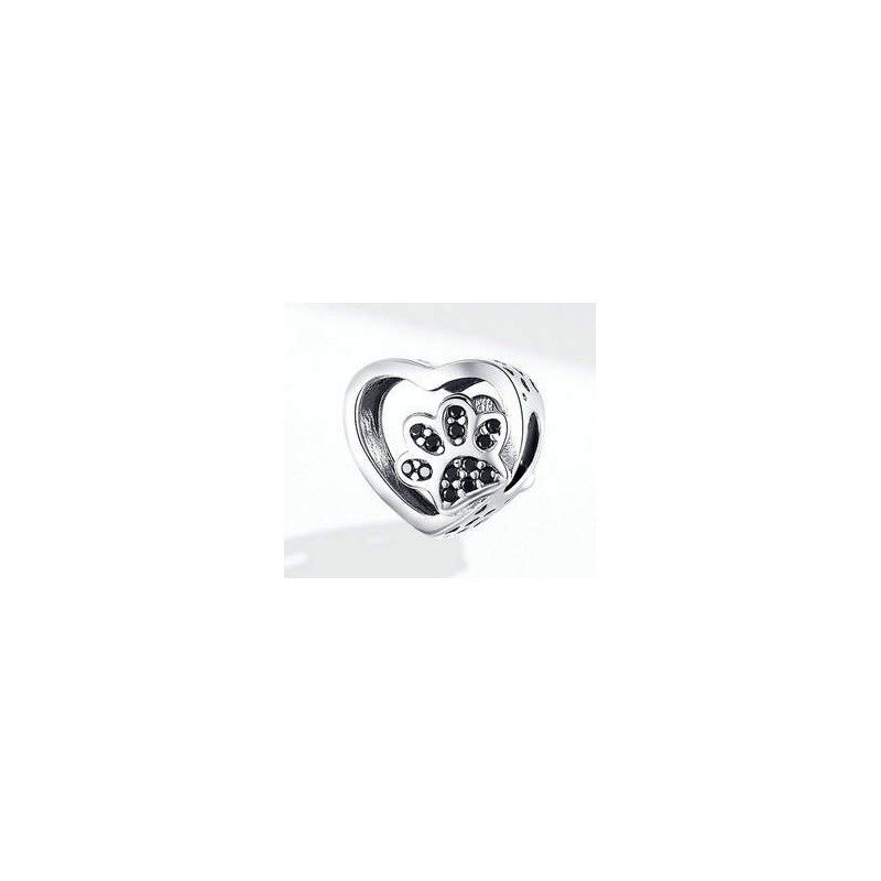 Charms ażurowe serce czarny odcisk łapki srebro 925, cyrkonia sześcienna