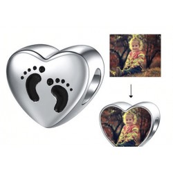 Charms personalizowany ze zdjęciem dziecka, stópki - serce, srebro 925