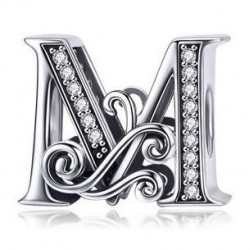 Charms zawieszka beads litera M alfabet wiktoriański, litery srebro 925, cyrkonia sześcienna