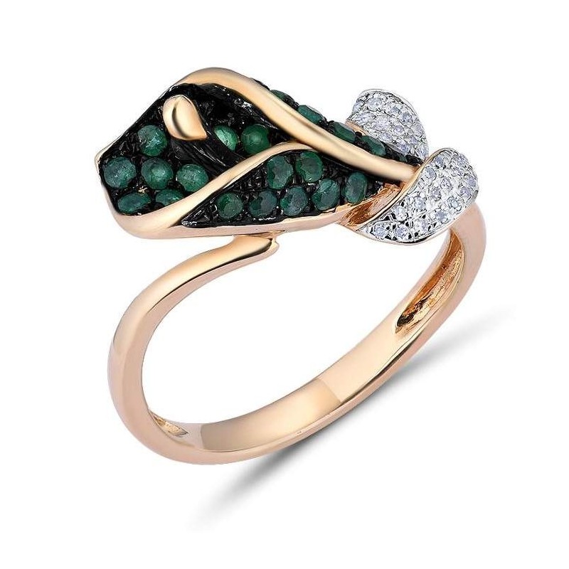 Złoty pierścionek zielona kalia, złoto 585, 34 diamenty, 35 szmaragdów