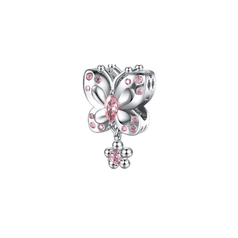 Charms zawieszka różowy motyl z przywieszką, srebro 925, cyrkonia sześcienna