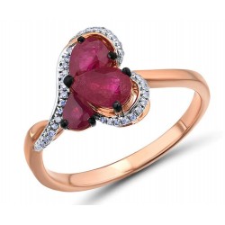 Ekskluzywny złoty pierścionek rubinowe serce z diamentami, różowe złoto 585, 37x brylant 0,074ct, 3x rubin