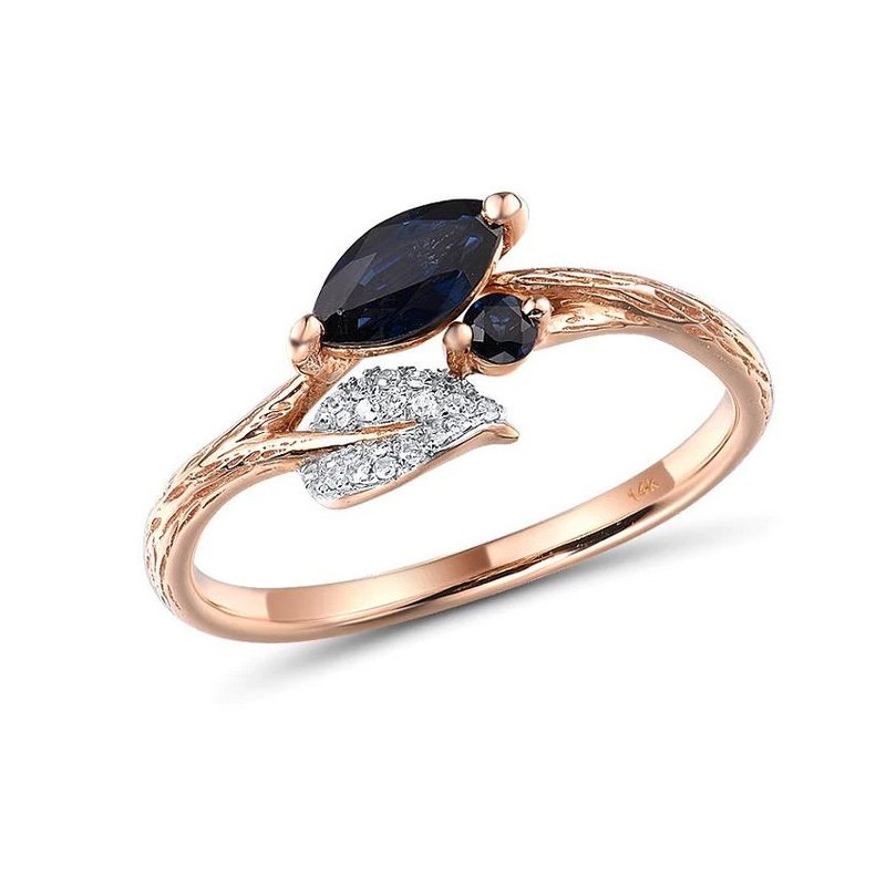 Zaręczynowy złoty pierścionek kwitnąca miłość, różowe złoto 585, 26x brylant 0,057ct, 2x szafir