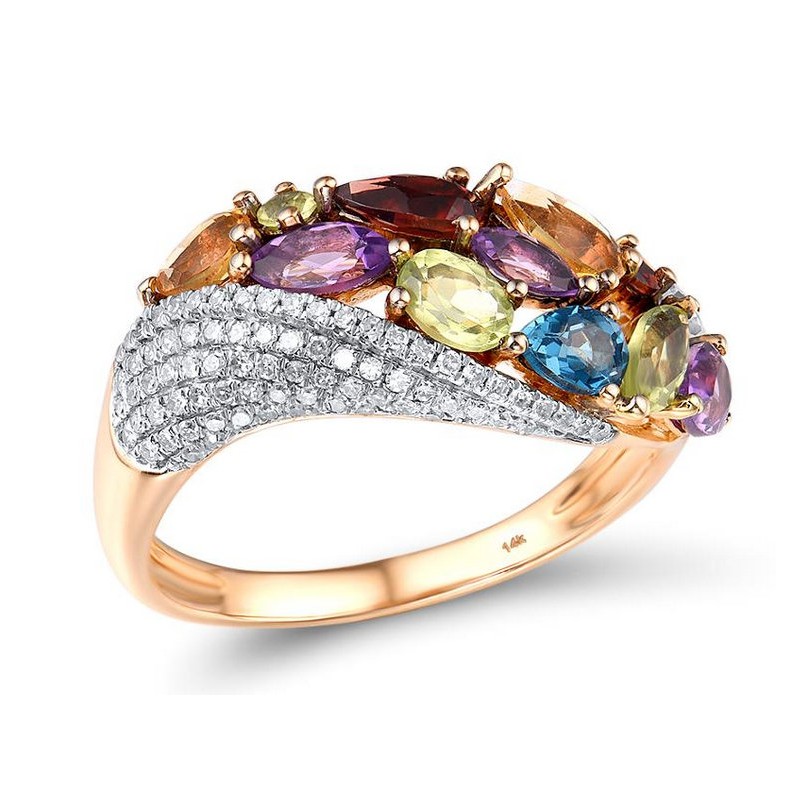 Zaręczynowy złoty pierścionek ten jedyny, różowe złoto 585, 75x brylant 0,165ct, ametysty, granaty, cytryny, topazy i perydoty